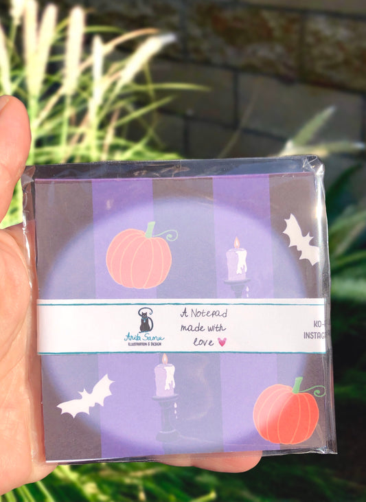 Happy Haunts and Pumpkins Violet - Handmade Square Notepad