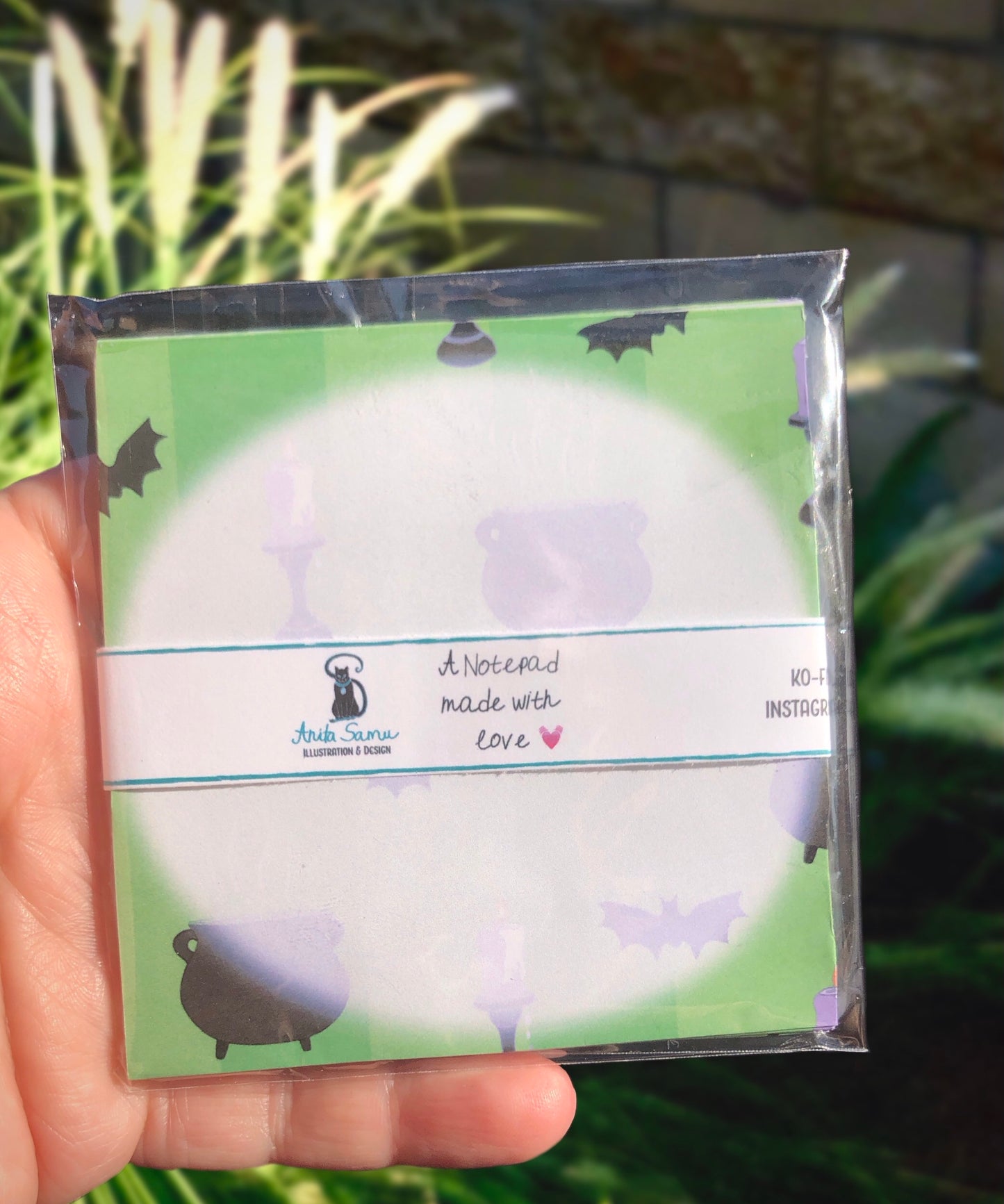 Happy Haunts, Bats & Cauldrons (Slime Green)- Handmade Square Notepad