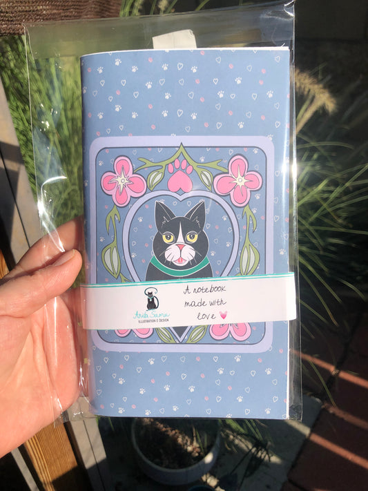 Feline Love Blue - Notebook, B6 Slim, Handmade