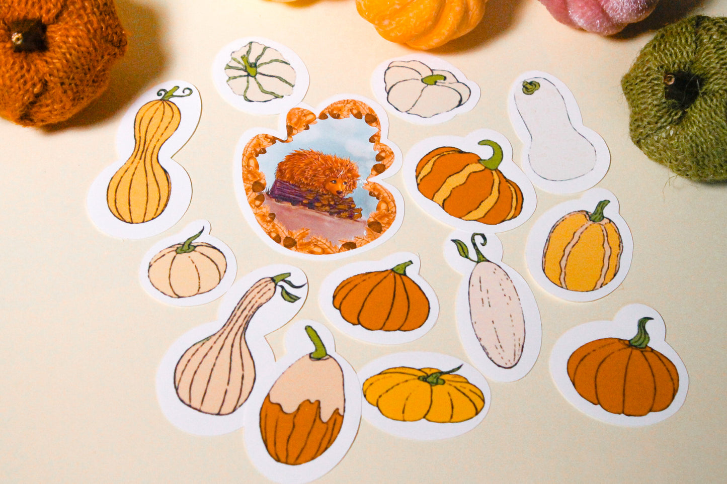 Autumn Love: Gourds & Pumpkins & A Hedgehog Friend - Handmade Vinyl Sticker Pack